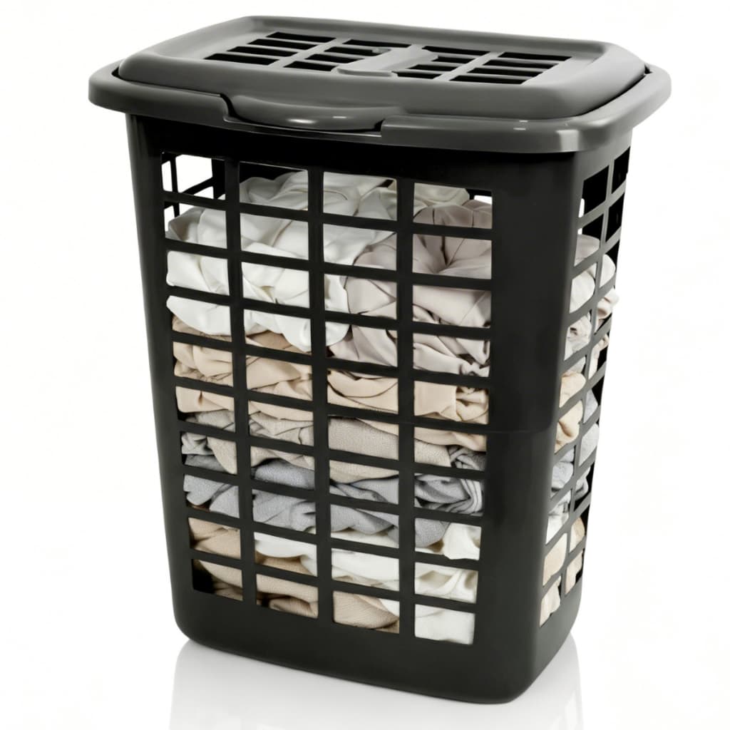 Cesto De Roupa Suja Com Tampa 28 Litros Lavanderia Banheiro Telado Organizador Multiuso Preto Cinza