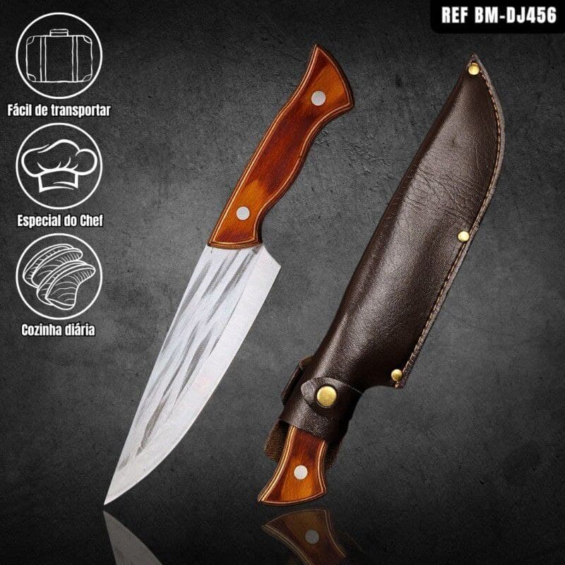 Faca do Chef Full Tang 32cm em Aço Inoxidável e Cabo de Madeira + Bainha de Couro