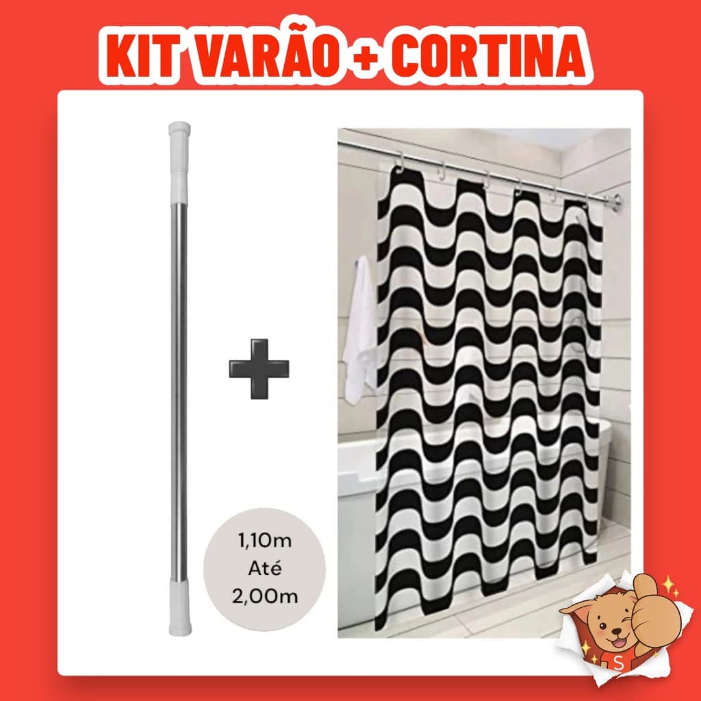 Kit Varão + Cortina para Box de Banheiro Copacabana Bastão Extensível Alumínio 1,10m até 2,00m