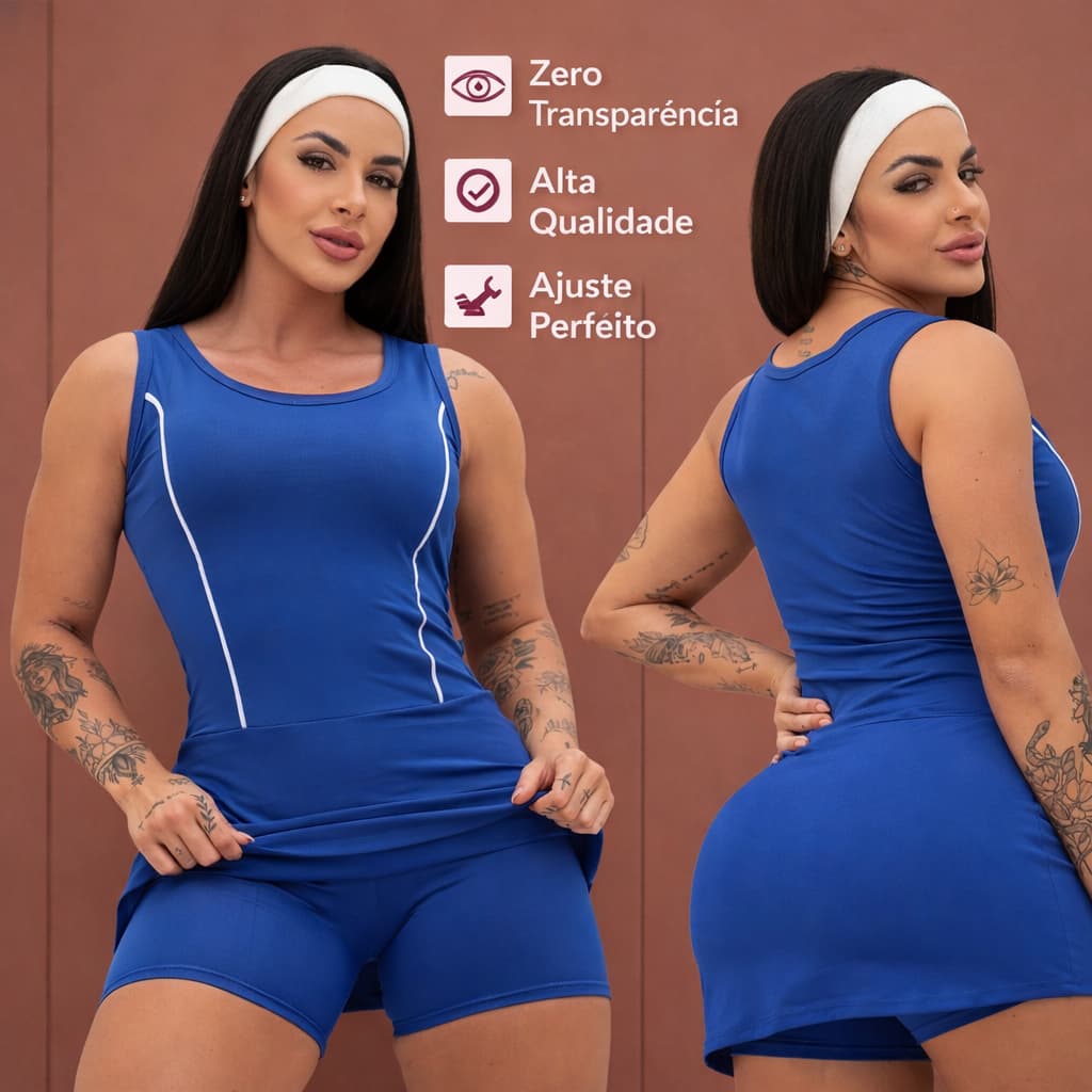 Macaquinho De Academia Fitness Feminino Saia Short de Viés Moda Esporte Academia