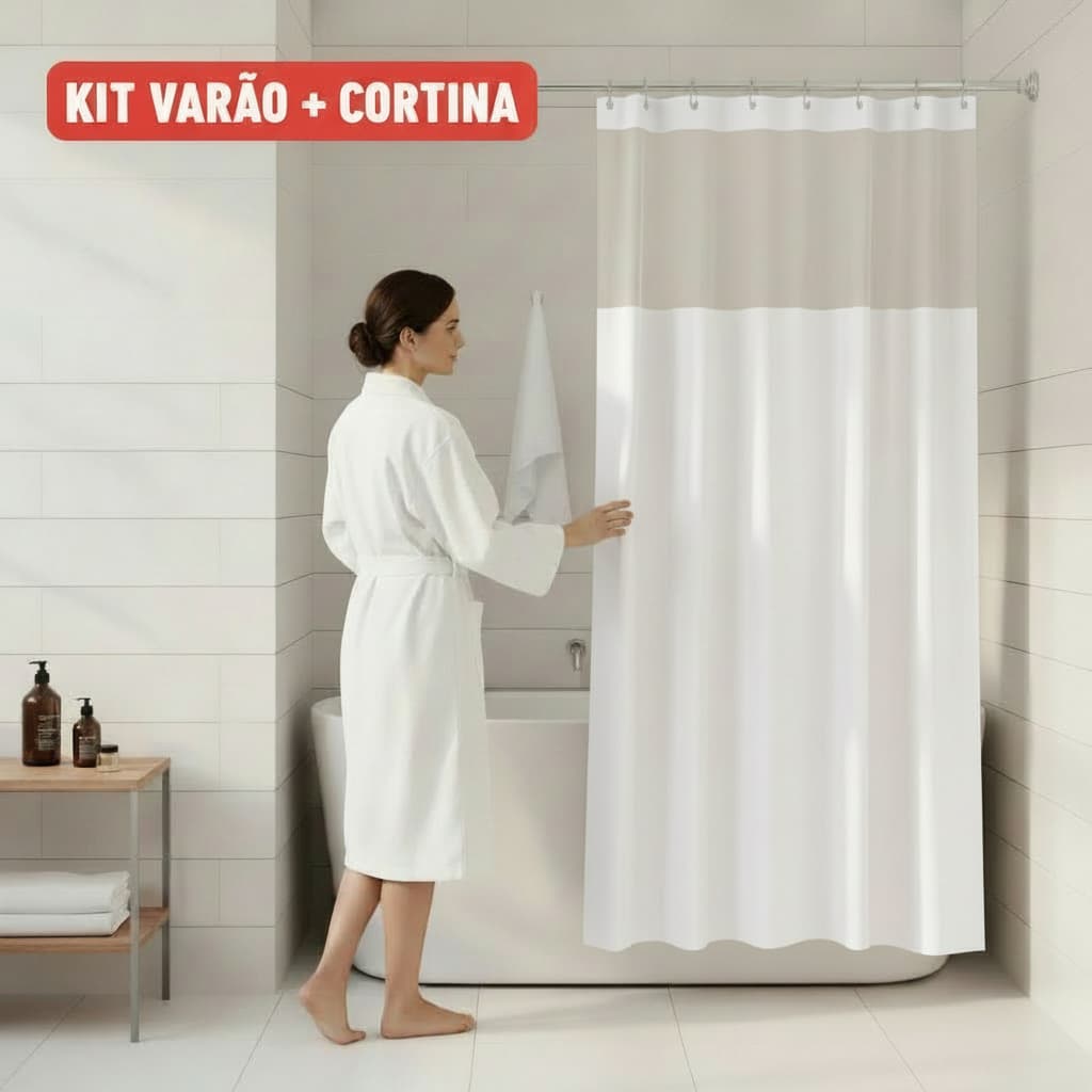 Kit Varão para Cortina de Banheiro Preta C/Visor Pvc Suporte Box 2m Bastão 1,10m até 2,00m