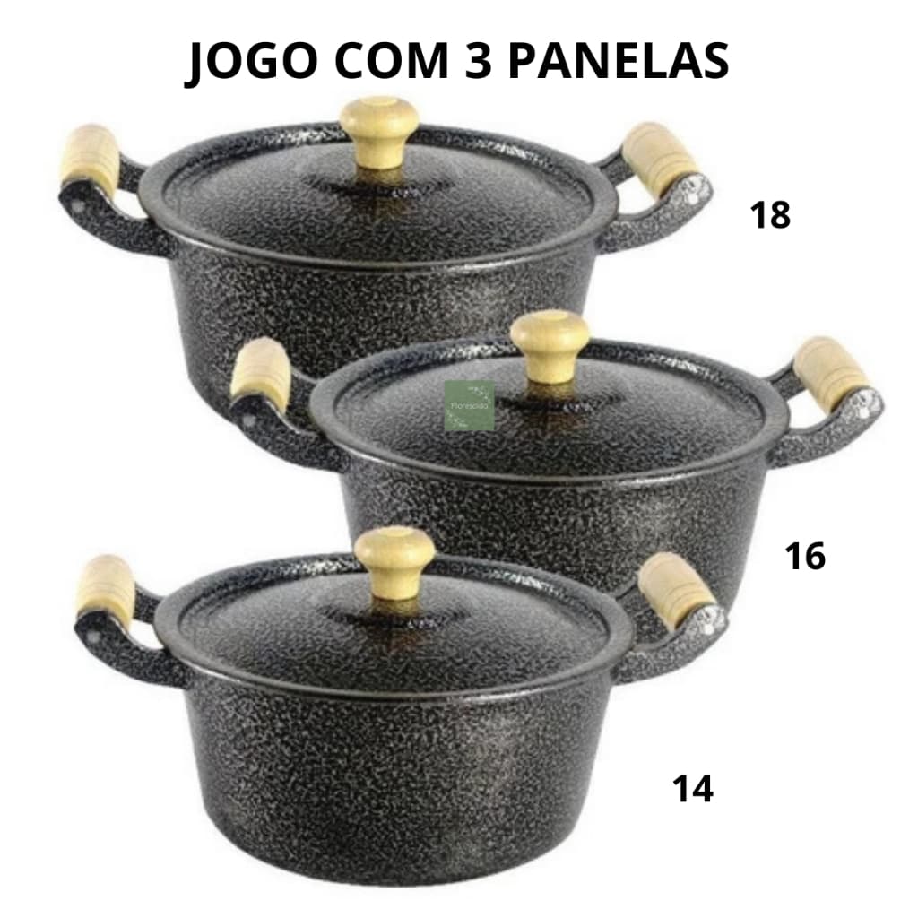 Jogo Com 3 Caçarolas Pretas Pequenas de Alumínio Grosso Batido Fundido Tamanho 14,16,18 Craqueadas