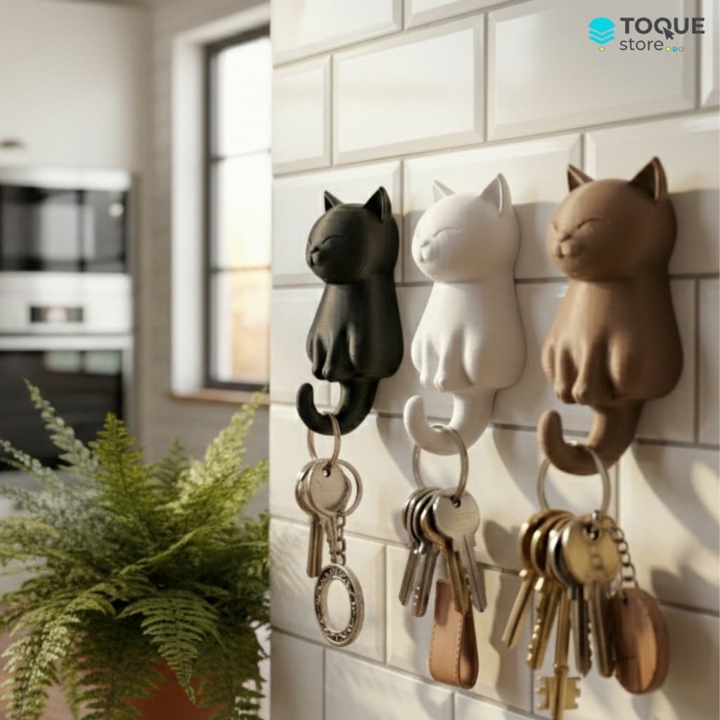 Gancho Decorativo de Gato 3D – Kit com 3 Unidades | Porta-Chaves Sem Furar, Fofo e Resistente