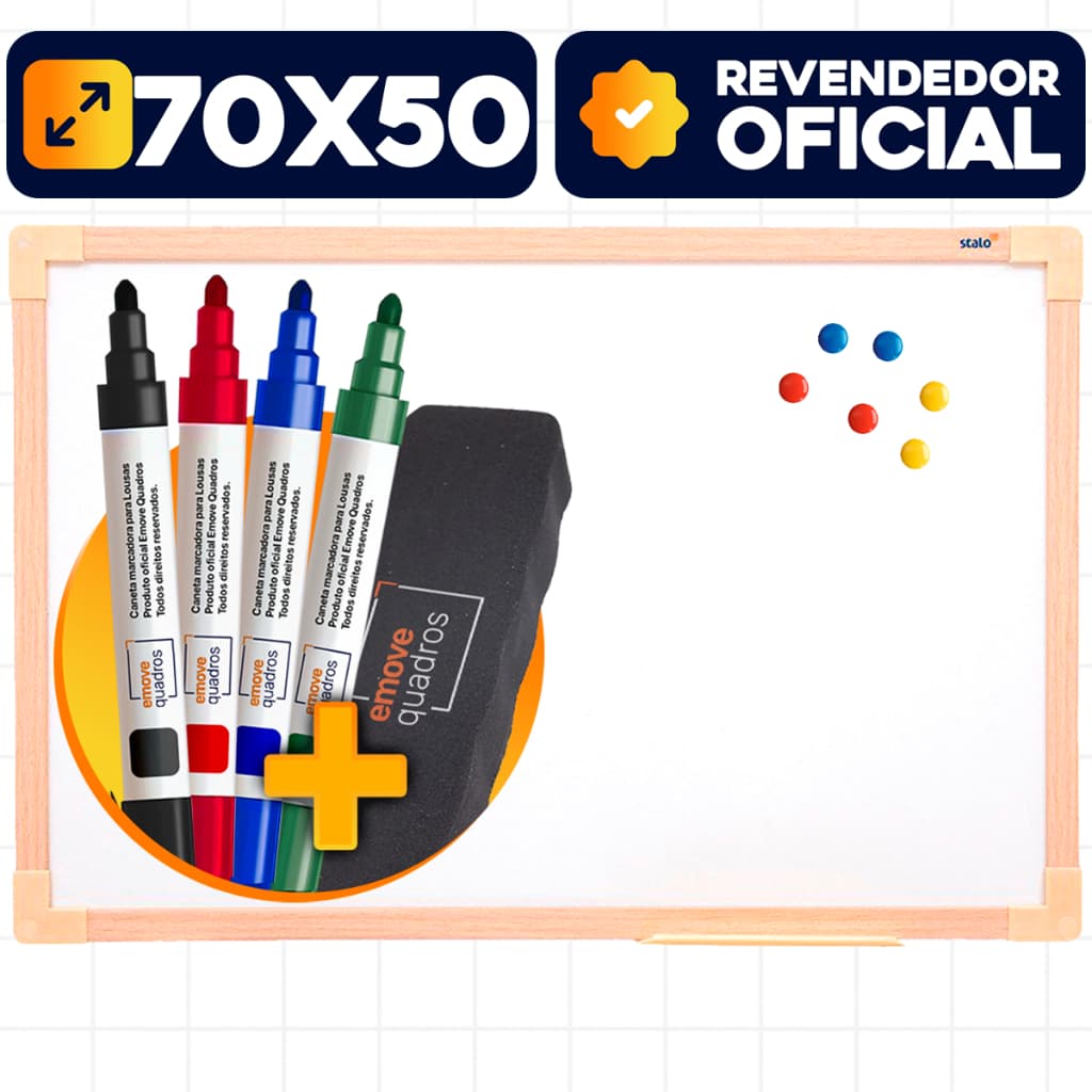 Lousa Branca Quadro Branco 70x50cm Magnético Anotação Aula Moldura Madeira Com 4 Caneta Apagador