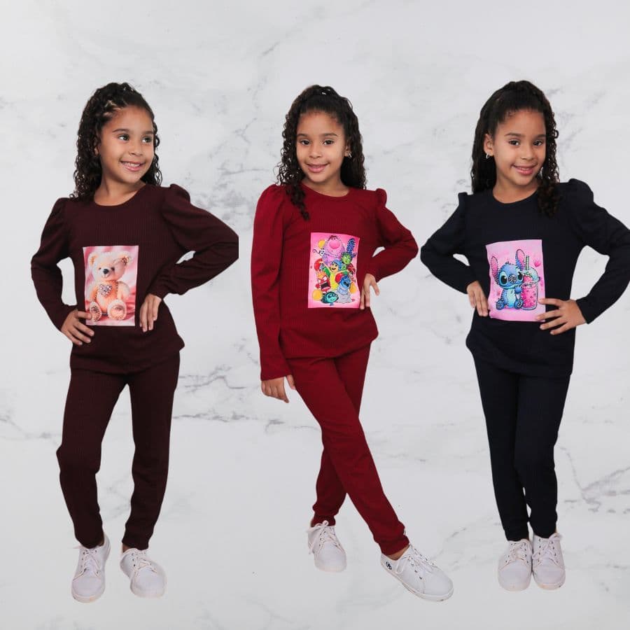 Conjunto  Infantil Menina Tecido Canelado  Blusa Manga Longa Calça Com Punho Moda Inverno 4 a 12