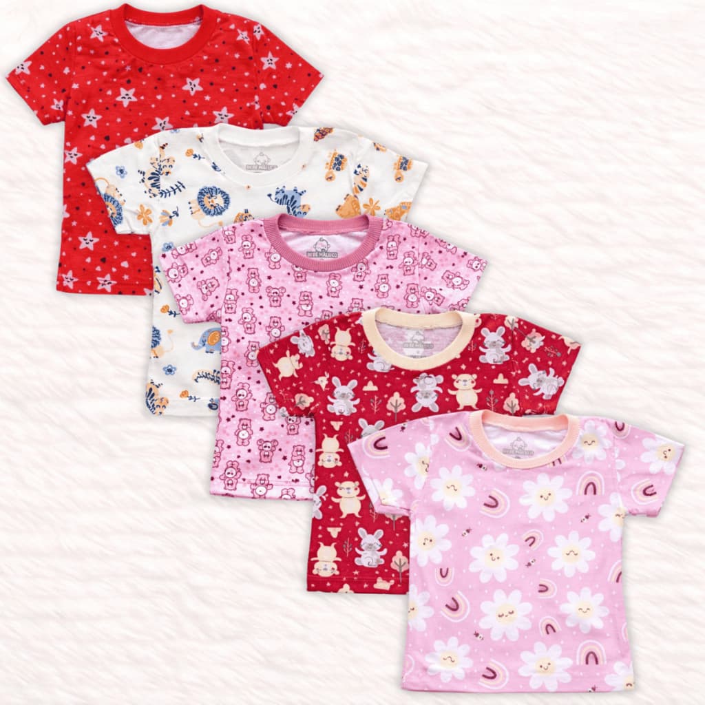 Kit 5 Pçs Camiseta Estampada Infantil Bichos M/CURTA Bebe 100% Algodão Menina