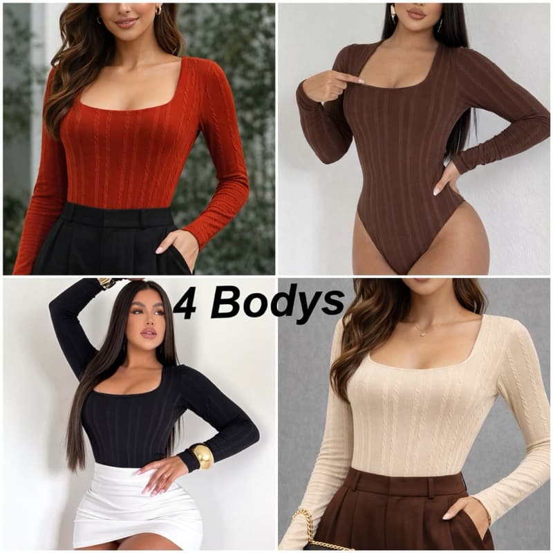 KIT 4 BODY BABY LOOK MANGA LONGA COM FORRO FRONTAL DECOTE  QUADRADO INVERNO TENDÊNCIA BASICA RIVANA PREMIUM DIA A DIA