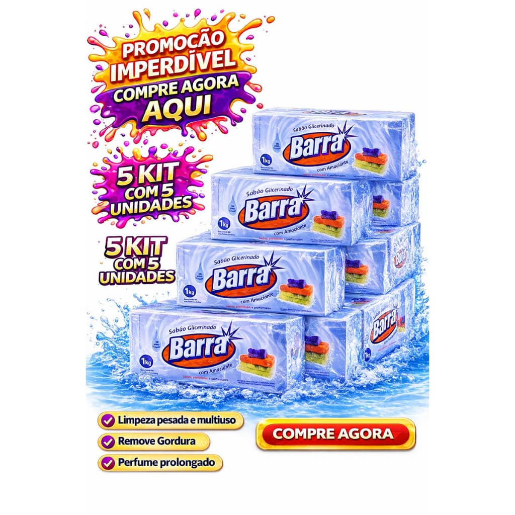 5 Kit Com 5 Sabão Barra 1kg Glicerinado com Amaciante–Multiuso Remove Gordura + Envio Rápido-Compre