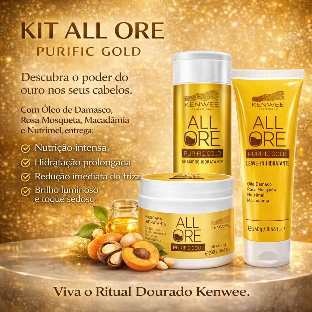 Kit Ritual Dourado - Shampoo Máscara Leave-in Macadâmia All Ore Kenwee