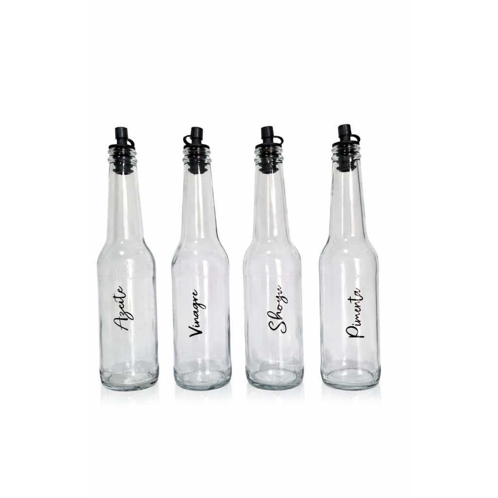 Kit 4 Galheteiros Vidro 275ml com Dosador Preto – Porta Azeite Vinagre Shoyu Pimenta