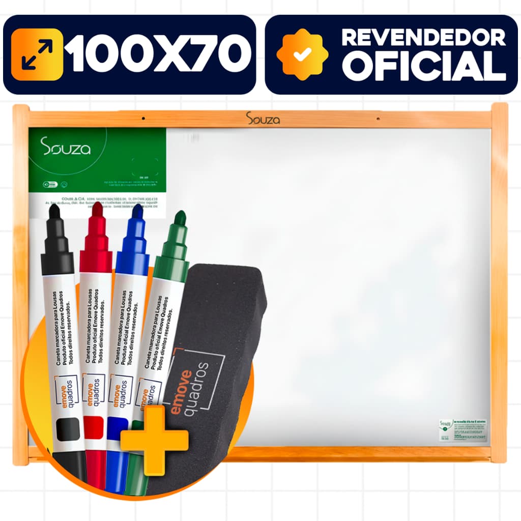 Quadro Branco Lousa 100x70cm Moldura Madeira Souza Lisa Escolar 4x Canetas + 1 Apagador