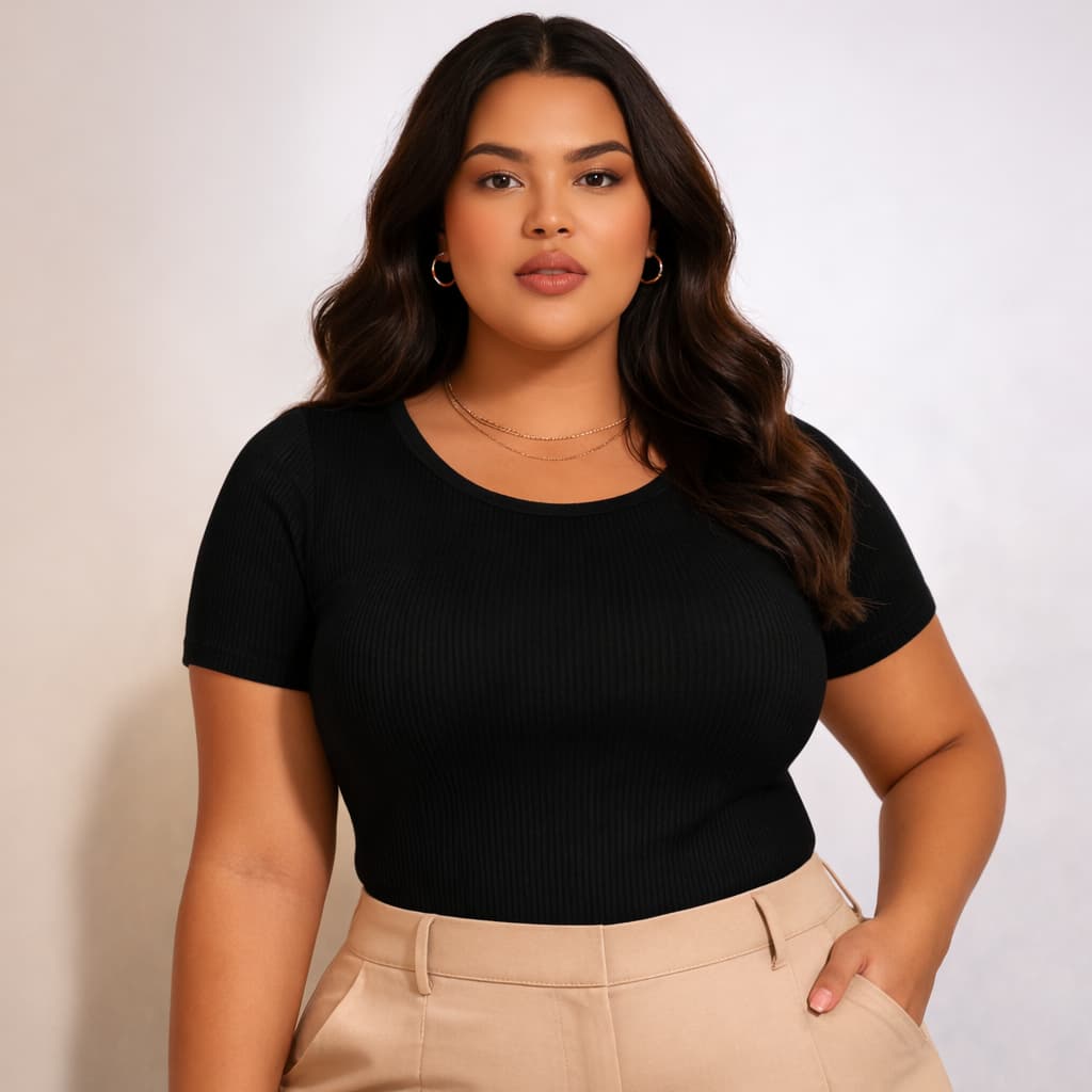 Blusa Feminina Básica Estilosa Canelada Plus Size Gola Alta T-Shirt