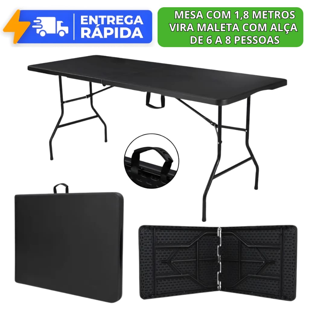 Mesa Dobrável Vira Maleta com Alça Portátil 1.80m Camping Pesca Jardim Área Externa Interna
