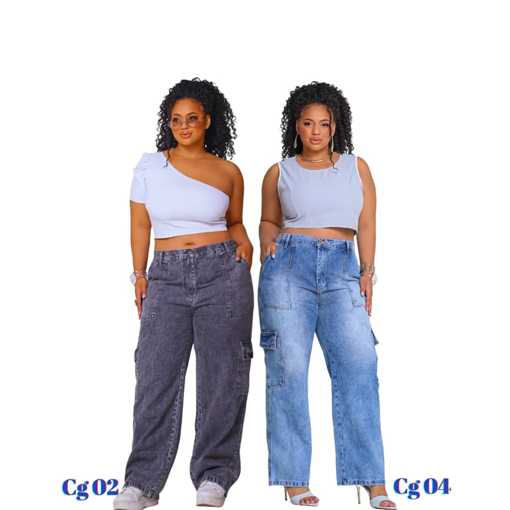 Kit 2 Calças Cargo Plus Size Jeans 100% Algodão Com Bolsos Laterais