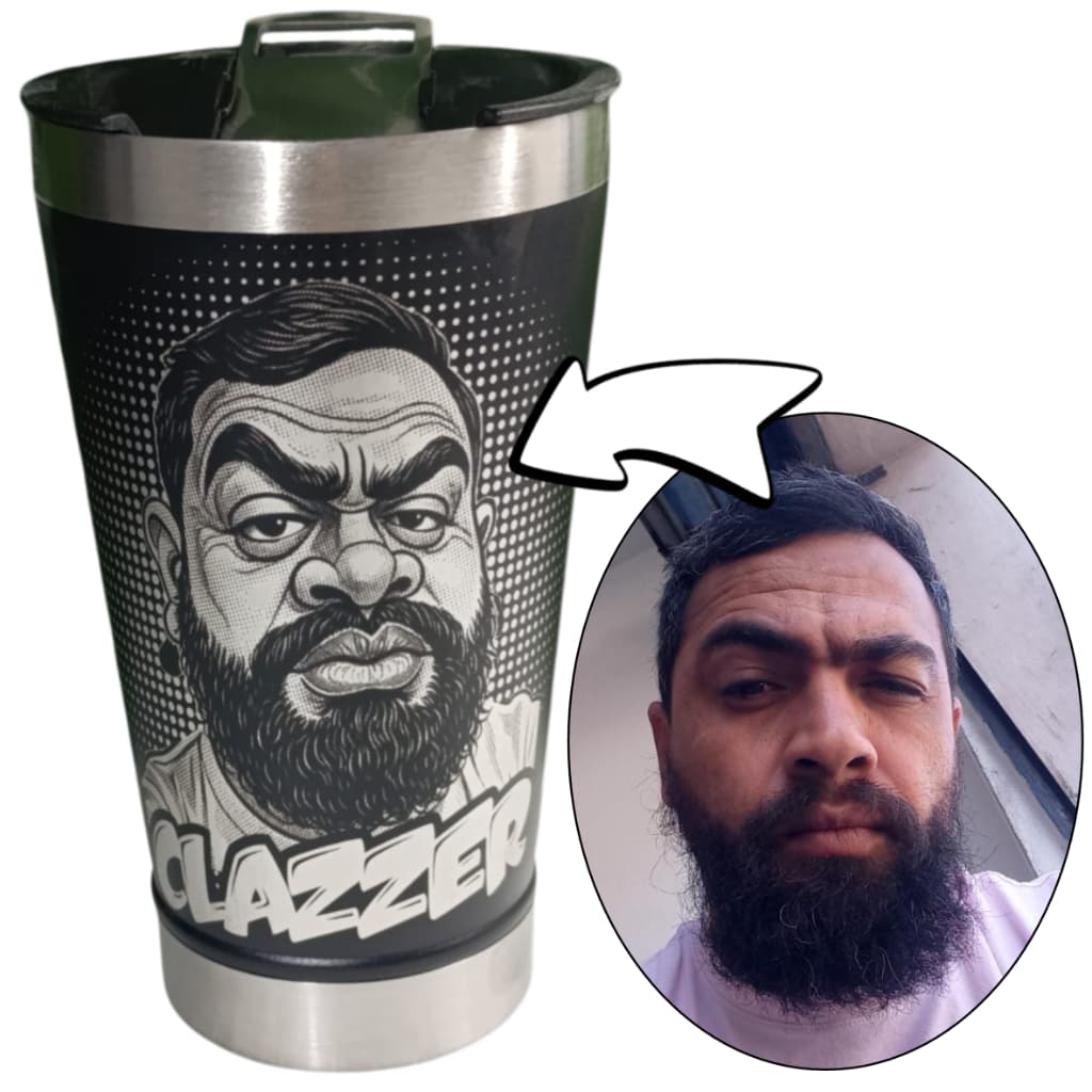 Copo Térmico Preto Personalizado a Laser com Caricatura e Nome