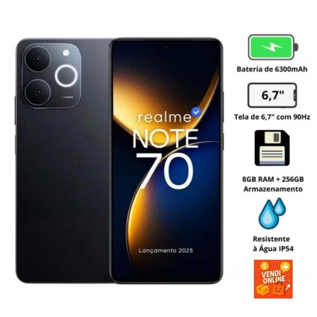 Smartphone Realme Note 70 4G 256GB 8GB RAM Tela 6,74″ – Desempenho e Tela Grande