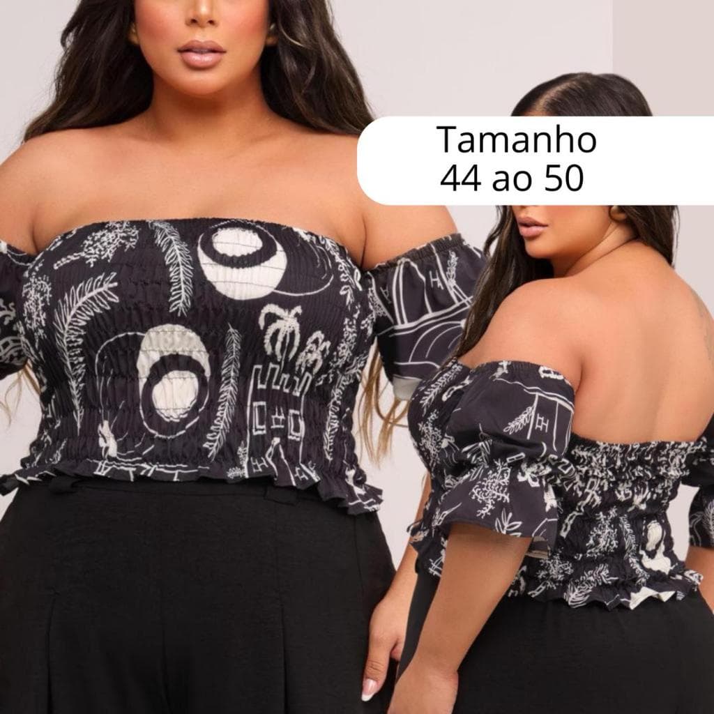Cropped Blusa Crepinho Feminina Plus Size  Curvy Ciganinha Lastex Lycra Ombro a Ombro GG