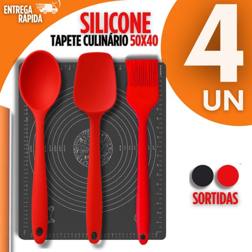 KIT 04 - Tapete Culinário 40x50 + Utensílios de Silicone Colher Pincel Espátula Premium Utilidades