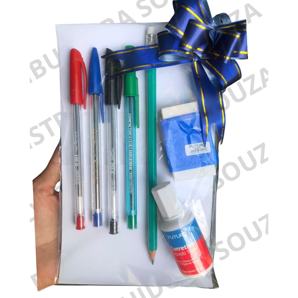 KIT 4 CANETAS COM CORES DIFERENTES MAIS 1 LÁPIS, 1 CORRETIVO E 1  BORRACHA