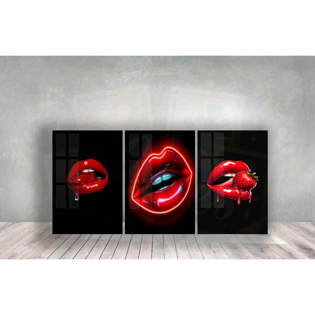 Quadro Decorativo 3p boca vermelha morango decoração alta qualidade