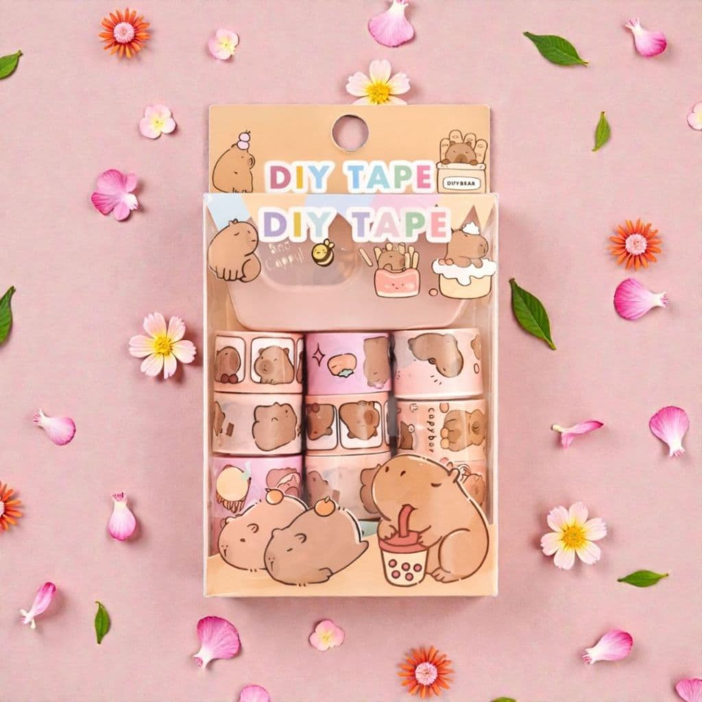 Kit Washi Tape Capivara 12 Fitas Adesivas Decorativas Estampadas + Suporte_Planner e Papelaria