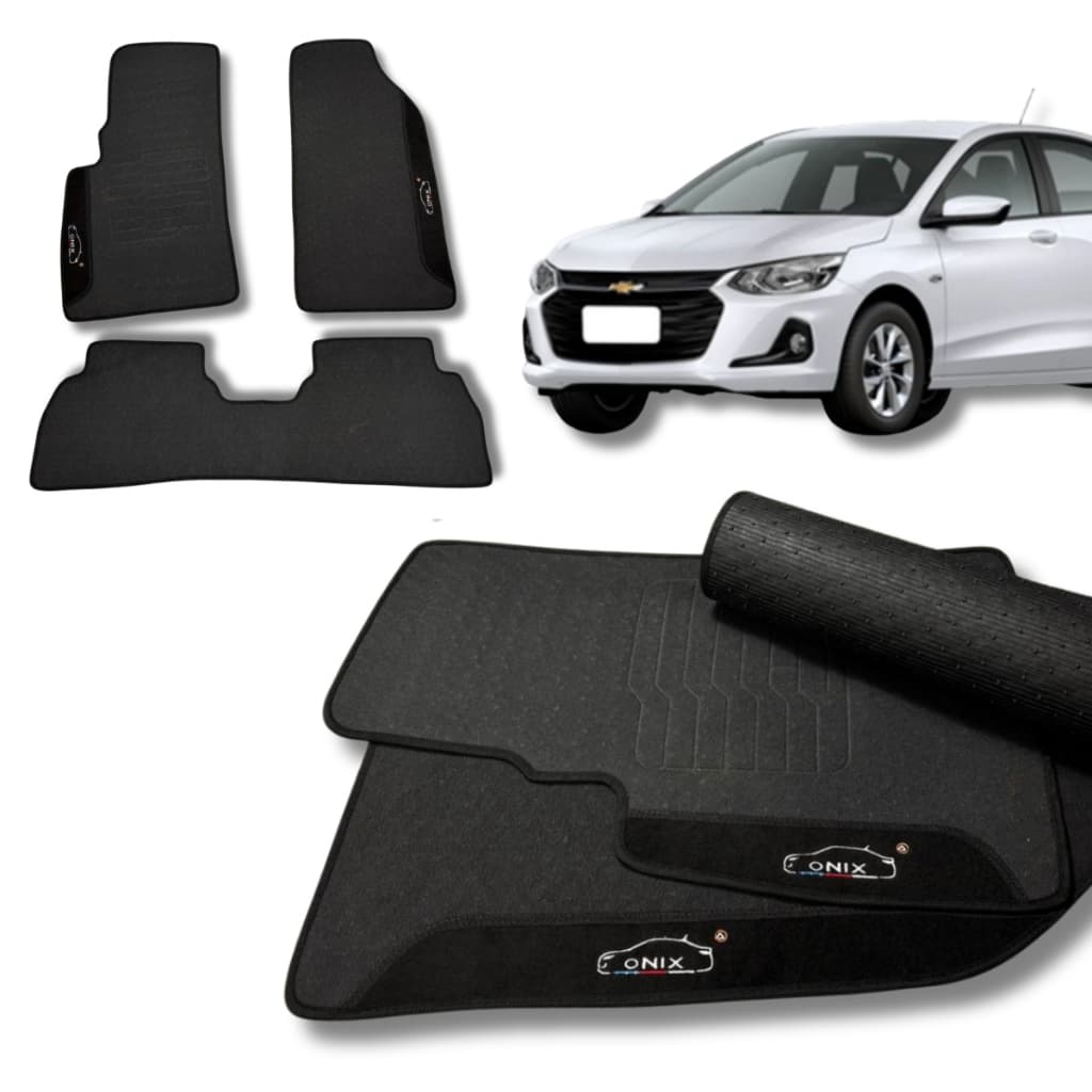Jogo de Tapete Chevrolet Onix Plus 2020+ Personalizado Bordado Premium Impermeável c/ Solapé Preto