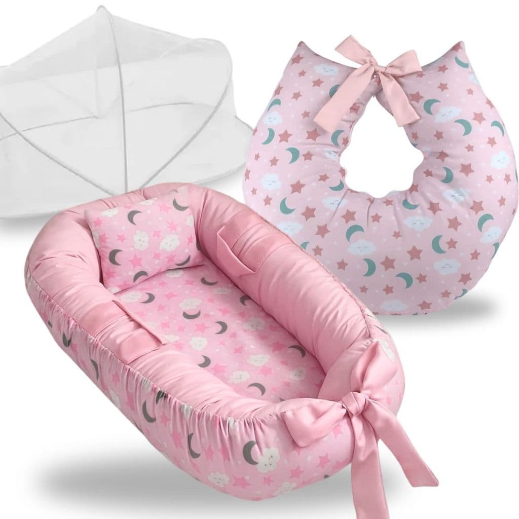 Ninho Redutor Berço Mosquiteiro Almofada Para Amamentação Kit 3 Peças Enxoval Bebe Menino Céu Rosa