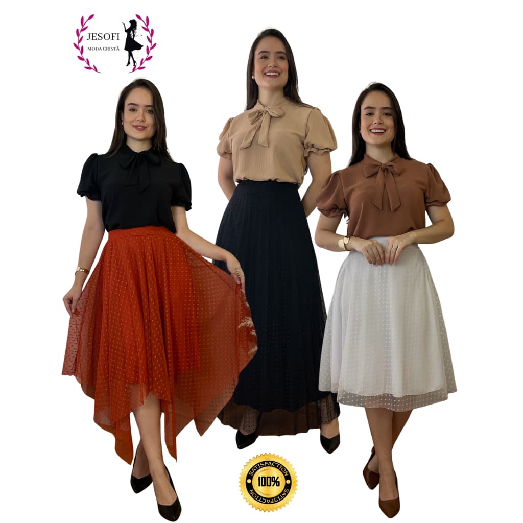 Blusa Camisa Feminina Laço Gravatinha Manga Princesa  Curta Moda Evangelica Congreso Uniforme Brasil