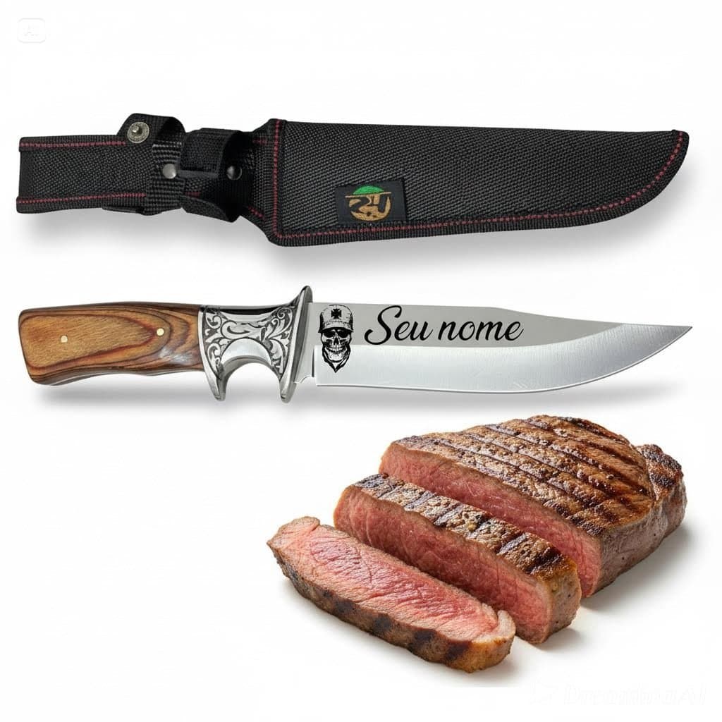 Faca De Caça Pesca Churrasco Luxo Personalizada com seu Nome Gravado e Bainha