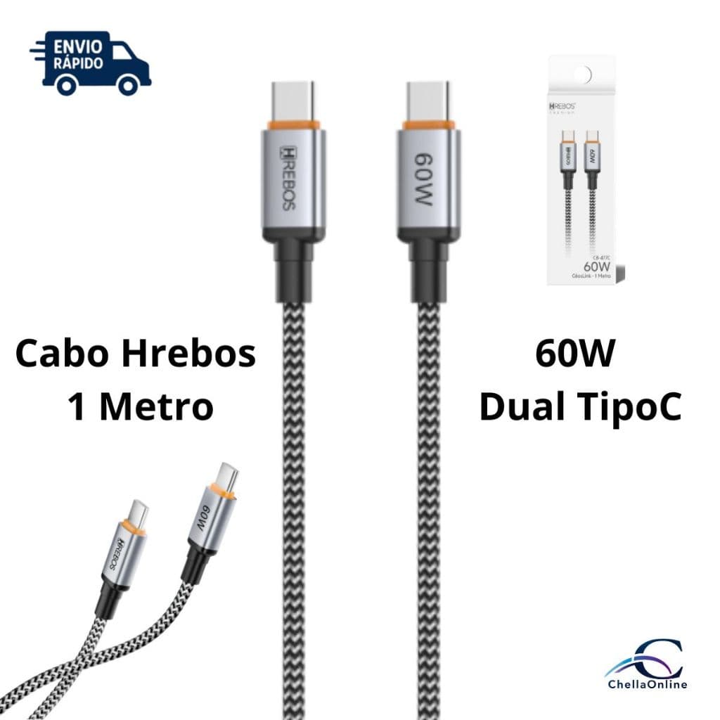 Cabo Tipo C para Tipo C Hrebos CeosLink 60W Trançado Premium 1 metro Carregamento Rápido