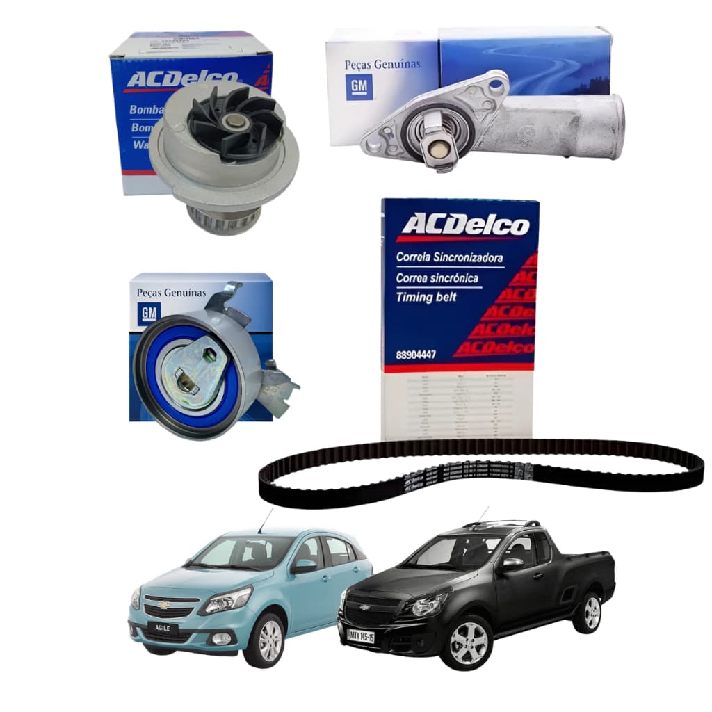 Kit Correia Dentada Neoprene Bomba d'água Acdelco Tensionador e Válvula Termostática Original GM Agile Montana1.4