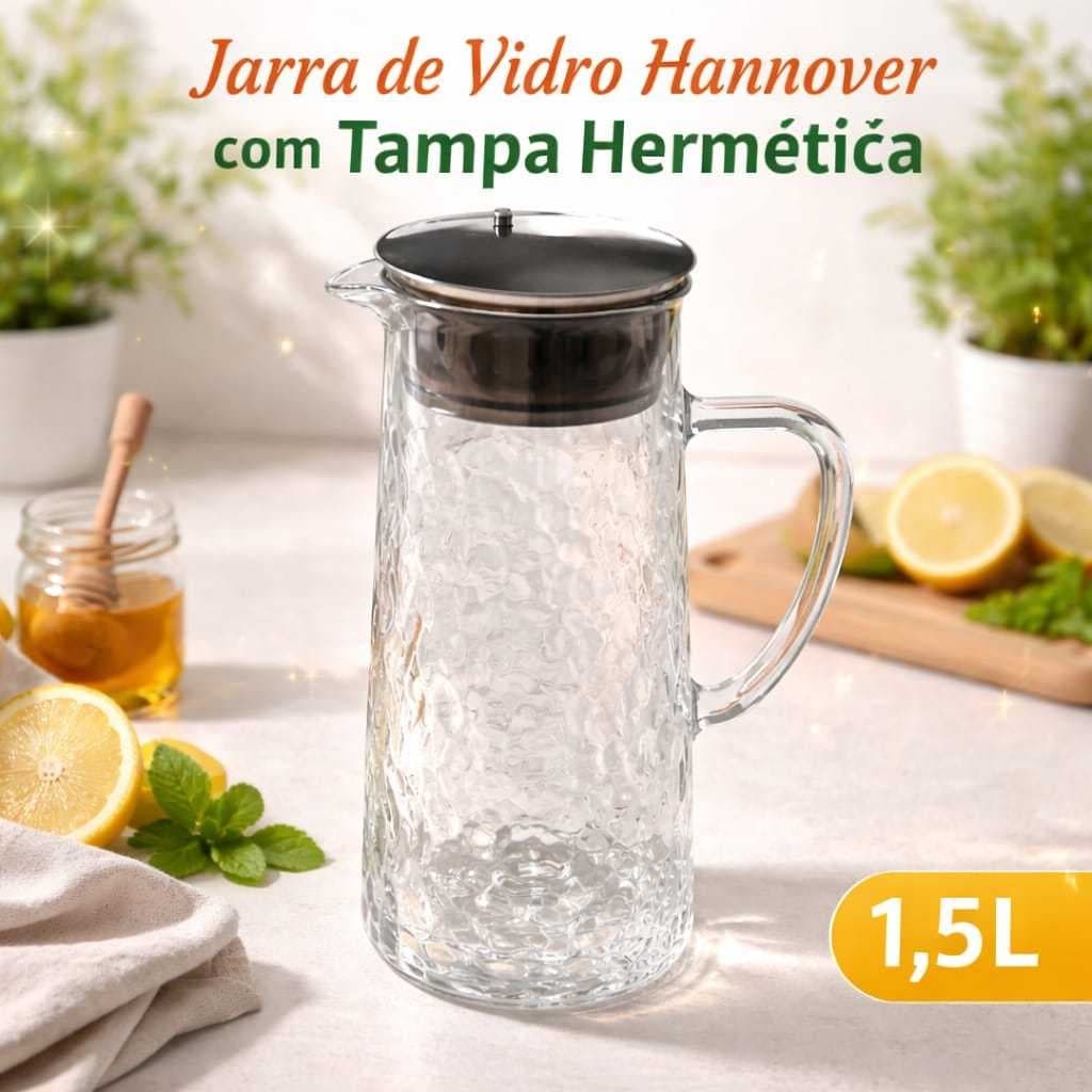 Jarra de Vidro 1,5L com Tampa Hermética Inox | Jarra Transparente para Água, Suco e Chá Gelado