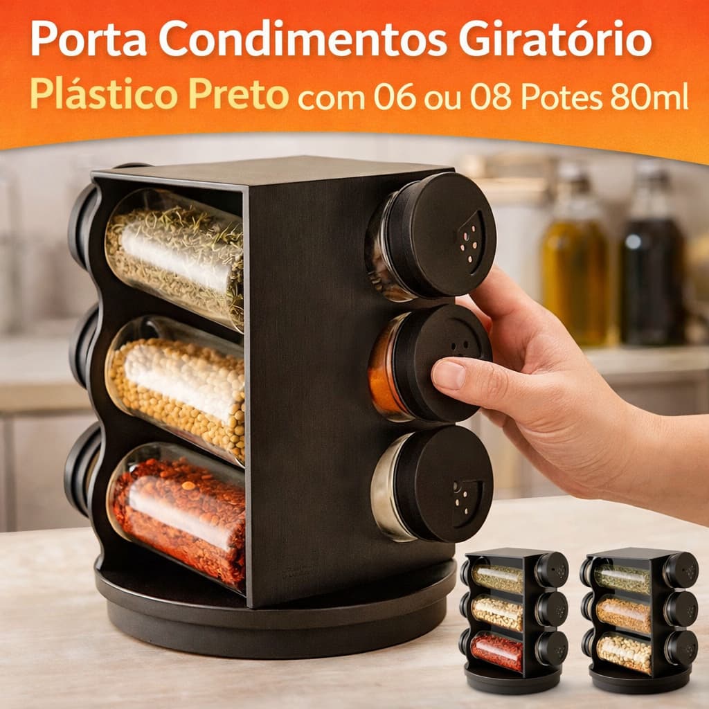 Porta Condimentos 06 ou 08 Potes Vidro 80ml Giratório Plástico Preto c/ Tampa Dosadora Porta Tempero