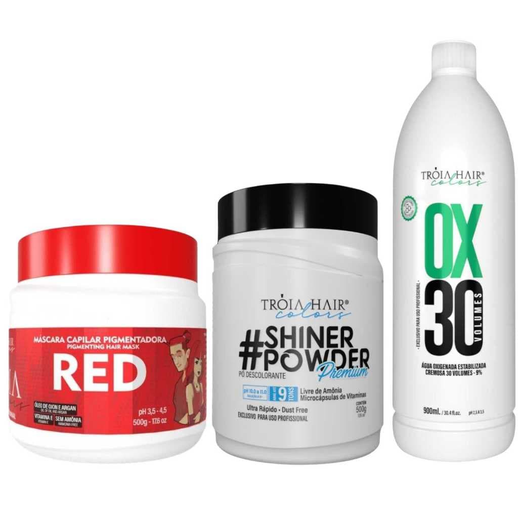 Pó Descolorante Premium 500g + OX 30 900ml + Troia Colors Red 500g - Troia Hair