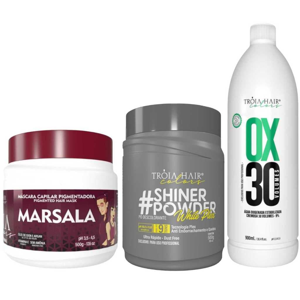Pó Descolorante Premium 500g + OX 30 900ml + Troia Colors Marsala 500g - Troia Hair