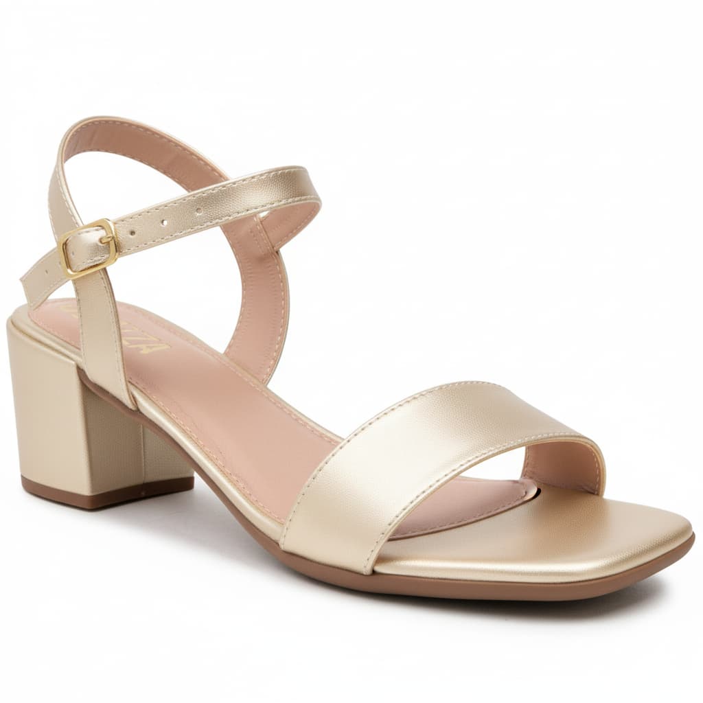 Sandalia Feminina Salto Baixo Quadrado Grosso Dourado Casual Ou Social Estilo Confortável