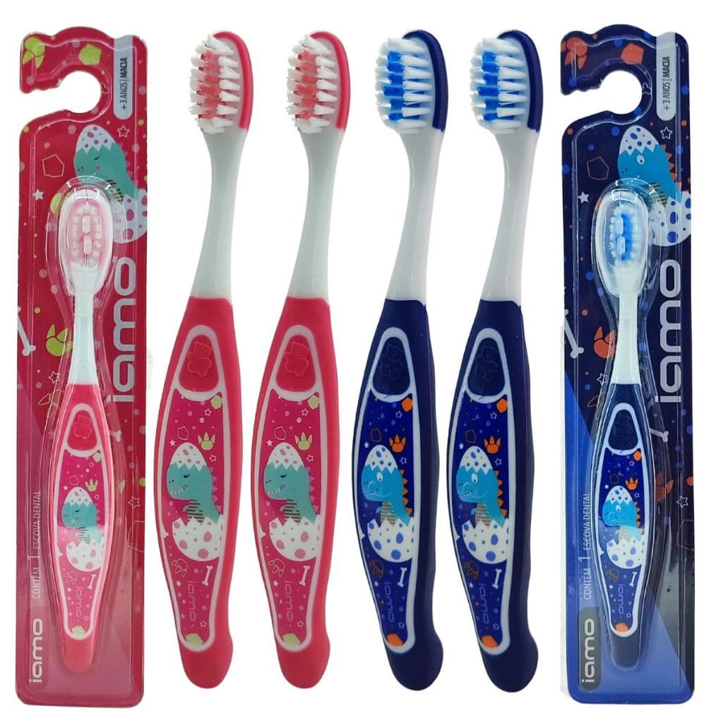 Kit 4 Escovas de Dente Infantil Dinossauro Macia Dental Acima de 3 Anos Cabo Emborrachado Rosa Azul