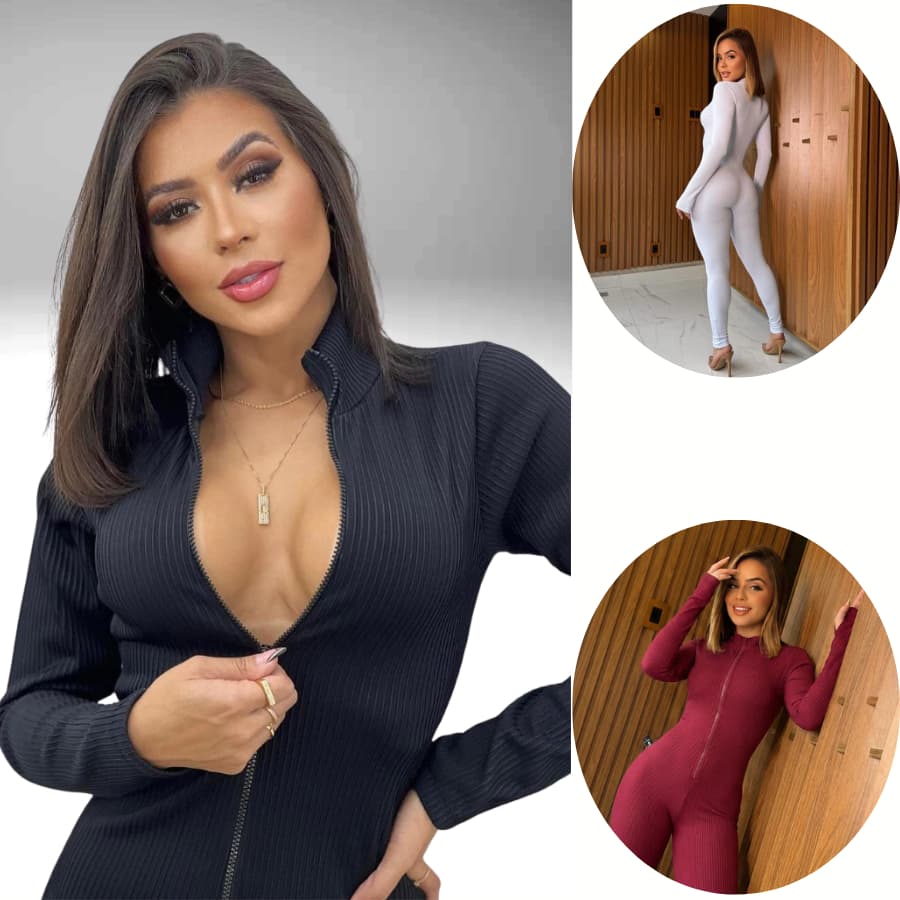 Macacão Feminino Longo Canelado 3D Premium Zíper Frontal Virgínia Moda Gringa Manga Longa e Calça