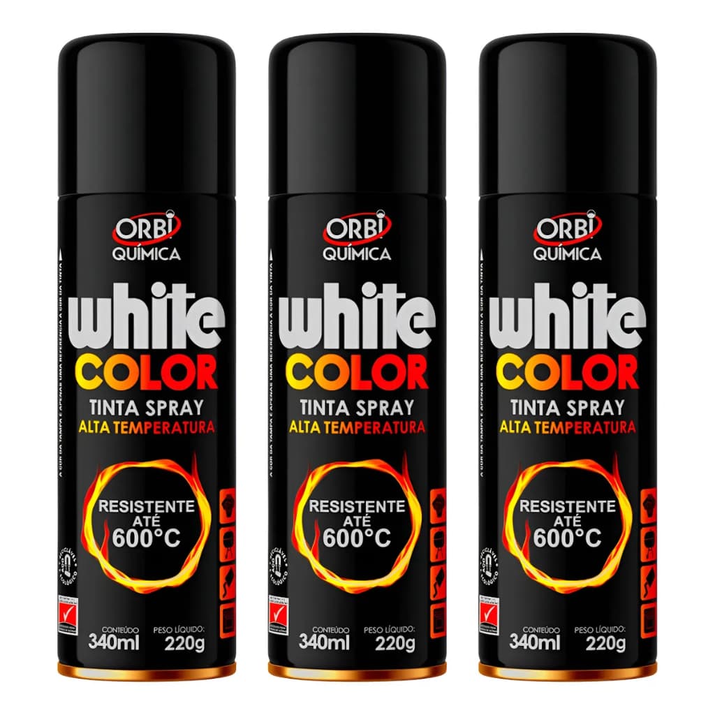 Orbi - 3x Tinta Spray Preto Fosco 340ml (White Color Orbispray Alta Temperatura 600ºc)