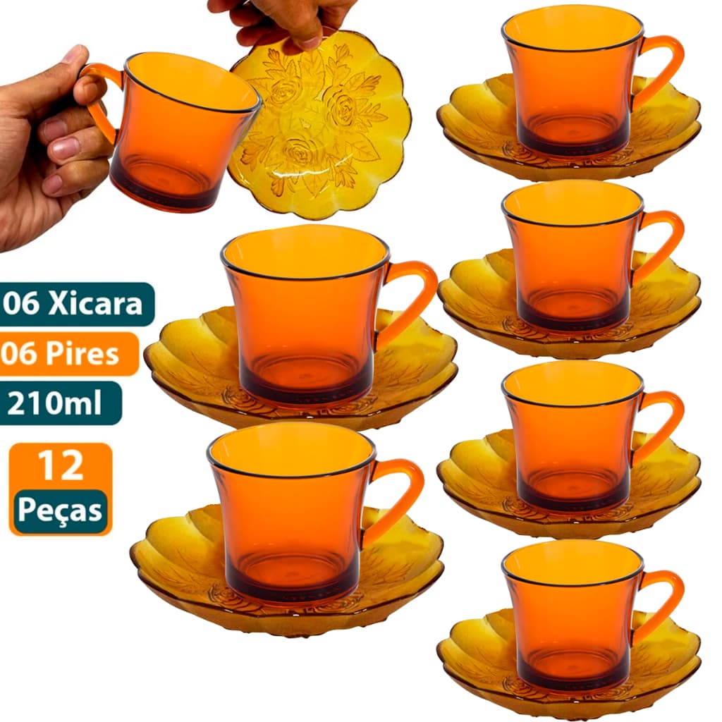 Jogo De Xícaras com pires Ambar 12 peças com 6 Xicara 200ml e 06 pires Floral de Chá e Café Original