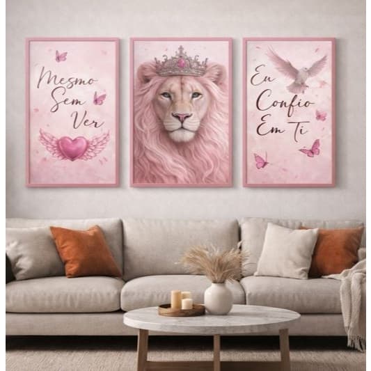 Kit 3 Peças Quadros Decorativos Leão Rosa Seja Forte e Corajosa Flores Decoração Placa Mdf 4K Full Hd