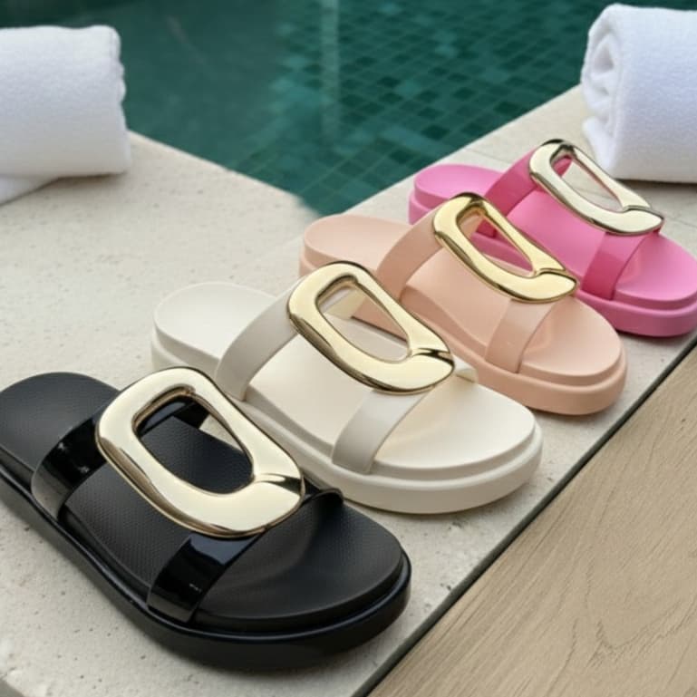 NOVIDADE Sandália feminina com detalhe dourado Sandália Papete Solado Anatômico Confort