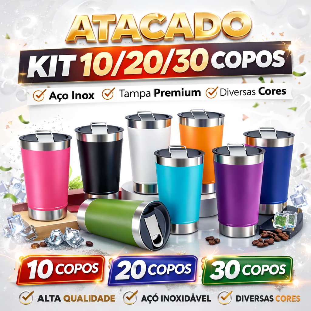 Kit 10/20/30 Copos Térmicos 473ml Com Tampa e Abridor de Garrafas para Cervej. Em Diversas Cores