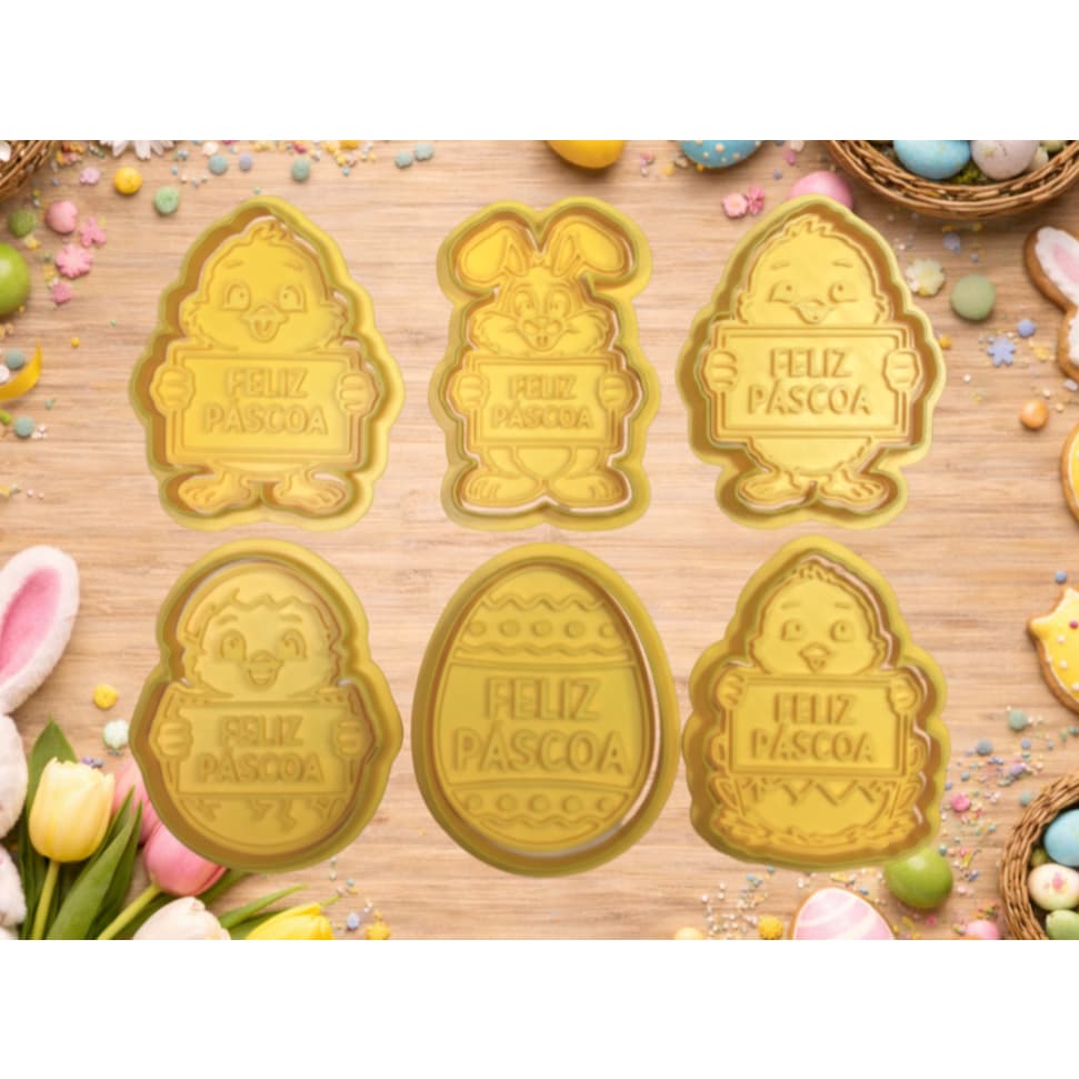 Cortador e Marcador de Biscoito Páscoa 7x8,9cm - Kit 6 Peças em PLA para Confeitaria