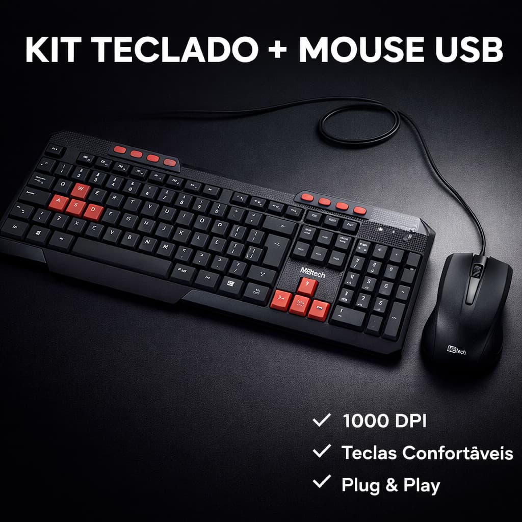 Kit Teclado Mouse USB 1000 DPI MBTech Plug Play PC Notebook Windows Mac Escritorio Gamer