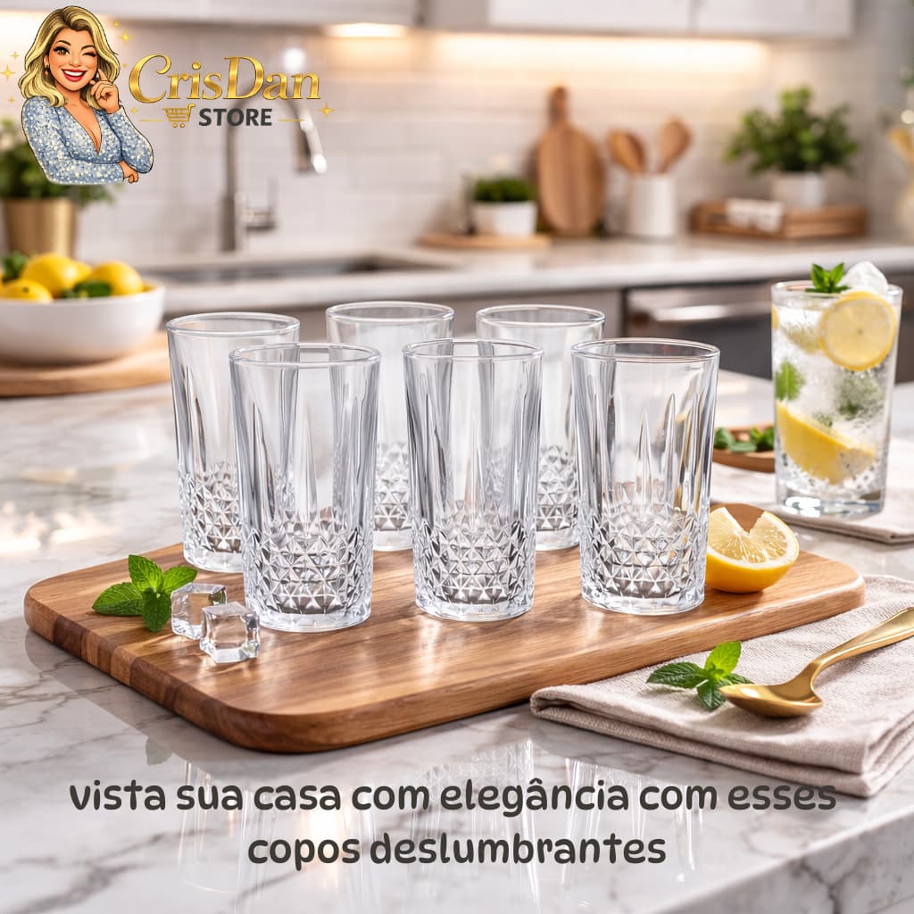 Jogo de Copos de Vidro 280ml c/ 6 Unidades Luxo Relevo Tipo Cristal | Copos para Água Suco Refrigerante Bar Cozinha