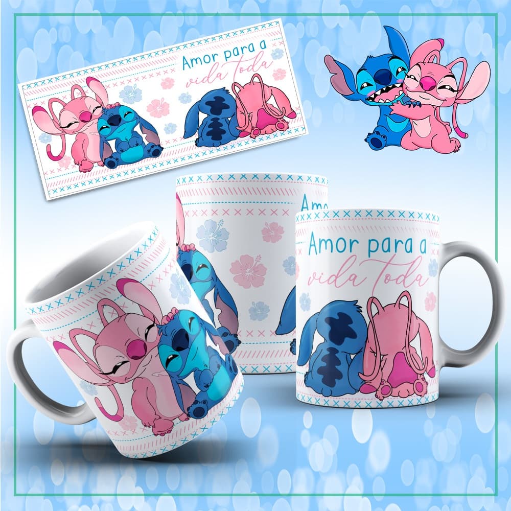 Caneca e Xicara Personalizada Lilo Stitch e Angel 325ml Porcelana