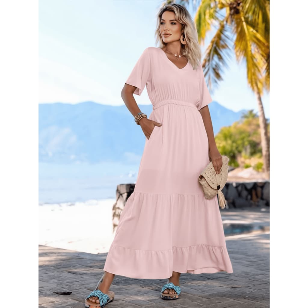 vestido longo manga curta decote V com elastico na cintura com bolsos nas laterais babado no barrado cha de bebe