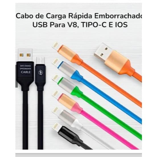 Cabo USB Turbo Flexível com Carregamento Rápido para Celular C, V8 e IPhone