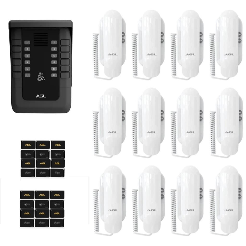 KIT PORTEIRO COLETIVO AGL S500 12 PONTOS BLUETOOTH+ 12 MONOFONES + 24 TAG -  (KIT INTERFONE)